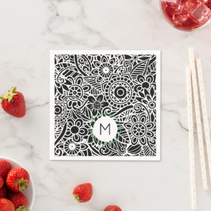 Modern Floral Mandela Black White INITIAL Preppy Napkin