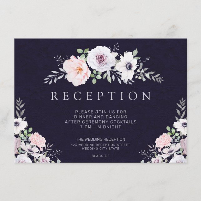 Modern Floral Midnight Purple Wedding Reception Enclosure Card (Front)
