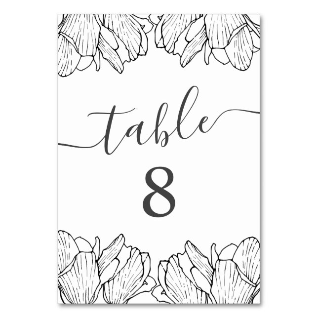 Modern Floral Minimal Black & White Wedding Table Number (Front)