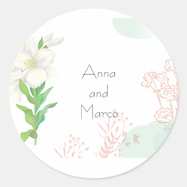 Modern floral minimalistic wedding invitation  classic round sticker (Front)