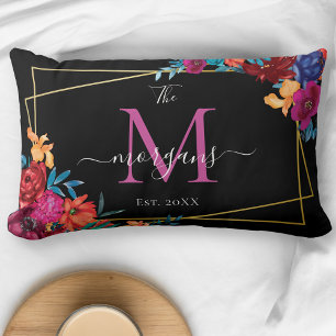 Modern Floral Monogram Black Wedding Lumbar Cushion