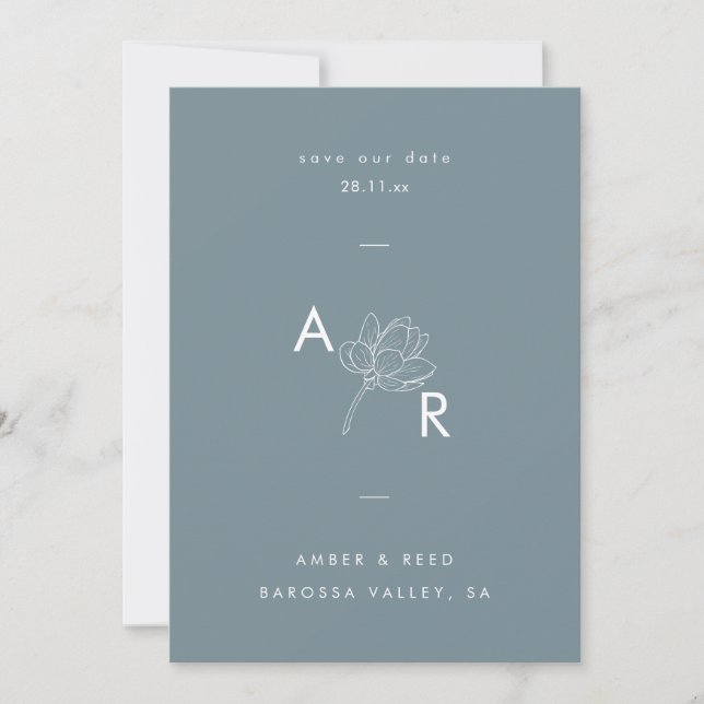 Modern Floral Monogram Elegant Simple Dusty Blue Save The Date (Front)