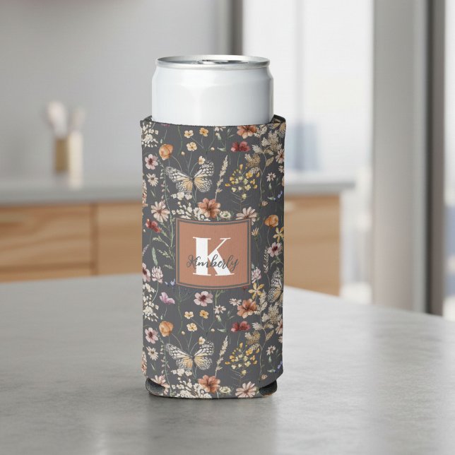 Modern Floral Monogram Name Seltzer Can Cooler (Creator Uploaded)