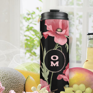 Modern Floral Monogram Pink Black Poppy Thermal Tumbler