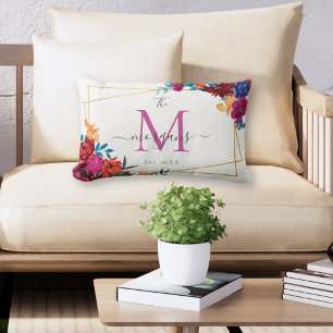 Modern Floral Monogram Wedding Lumbar Cushion