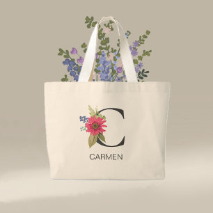 Modern Floral  Monogrammed Letter C  Large Tote Bag