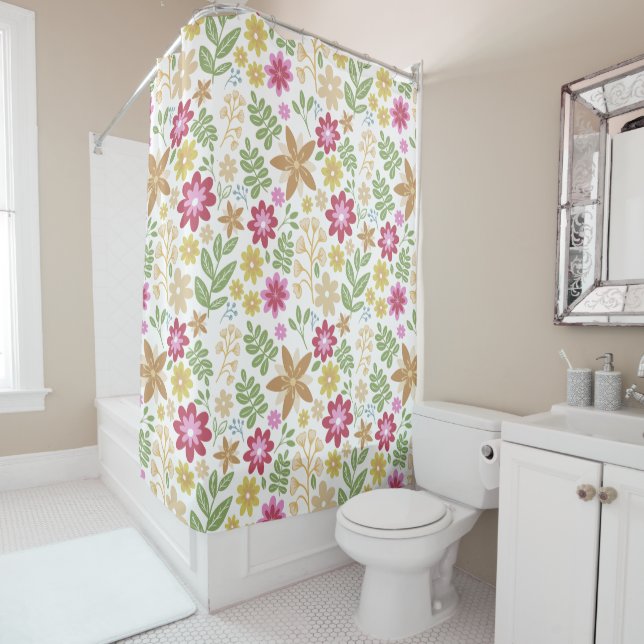 Modern Floral Multicolor Summer Flowers Shower Curtain (In Situ)