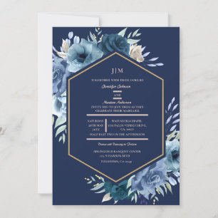 Modern Floral Navy Blue and Gold Wedding Invitation