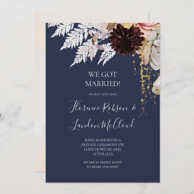 Modern Floral | Navy Elopement Announcement (Front/Back)