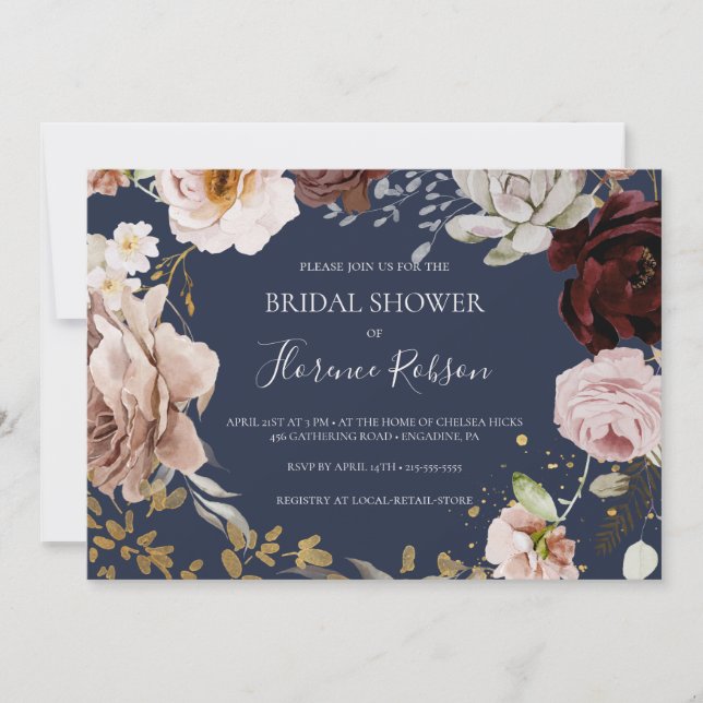 Modern Floral | Navy Horizontal Bridal Shower Invitation (Front)