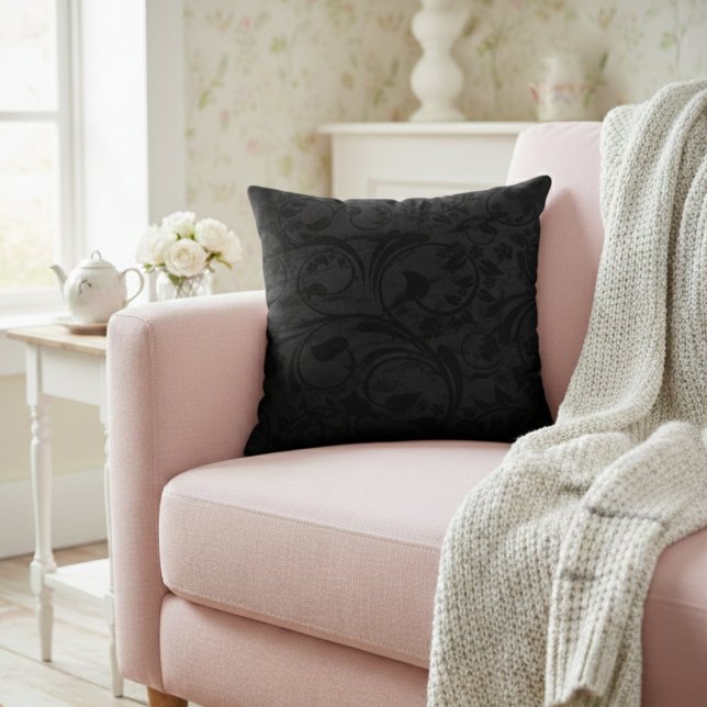 Modern Floral Noir Black Velvet Cushion (Creator Uploaded)