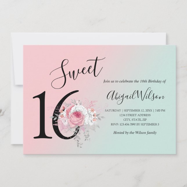 Modern floral ombre sweet sixteen birthday party invitation (Front)