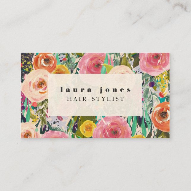 Modern Floral Painting Hair Stylist Template Business Card (Front)
