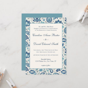 Modern Floral Paisley Blue and Green Wedding Invitation