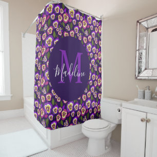 Modern Floral Pansies Pattern Purple Monogram Shower Curtain