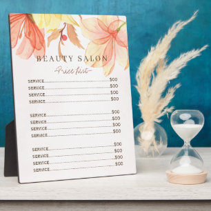 Modern floral pastel watercolor salon price list plaque