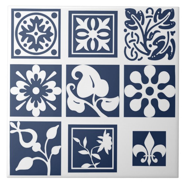 Modern, floral patchwork, white, navy blue tile (Front)