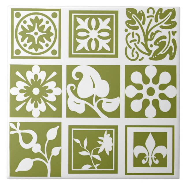 Modern, floral patchwork, white, olive green tile (Front)