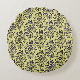 Modern Floral Pattern Blue Black On Chartreuse Round Cushion