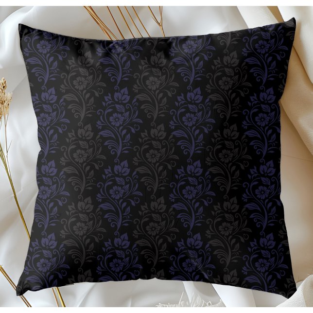 Modern Floral Pattern Blue Grey On Black Cushion (Creator Uploaded)