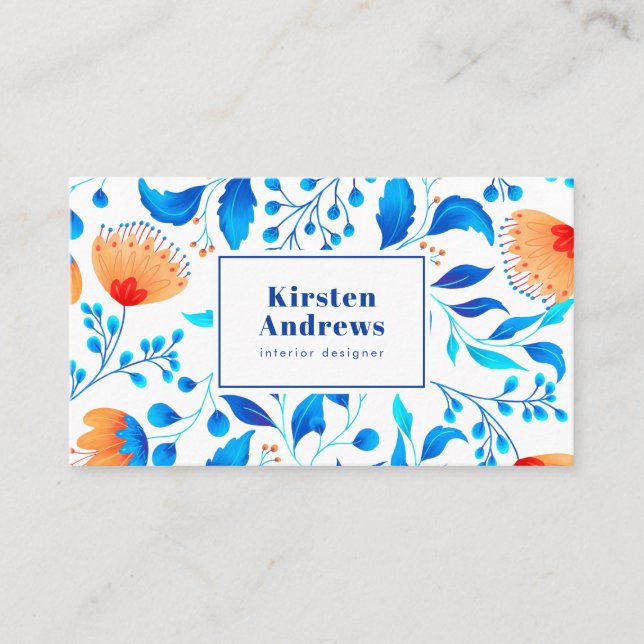 Modern floral pattern boho blue orange flowers business card (Front)