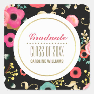 Modern Floral Pattern Custom Graduation Square Sticker