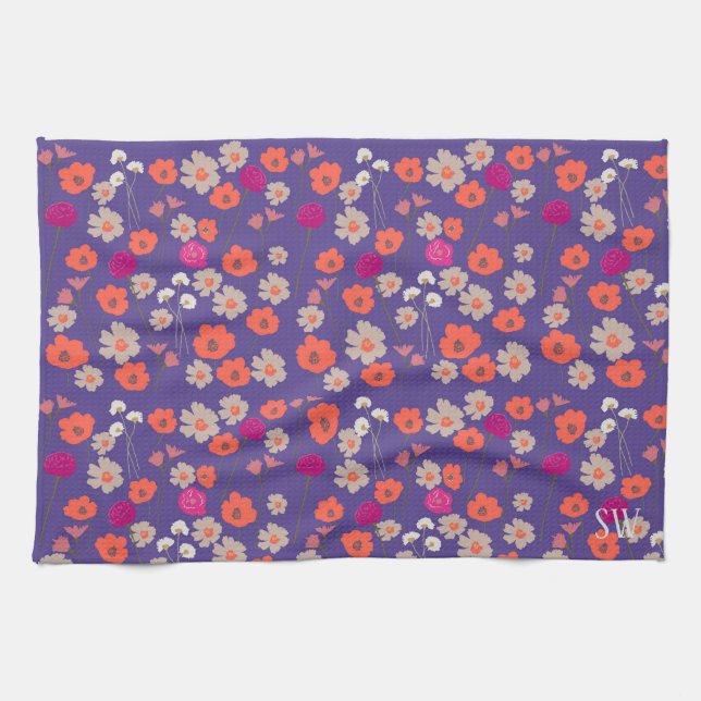 Modern Floral Pattern Gift For Her+Custom Initials Tea Towel (Horizontal)