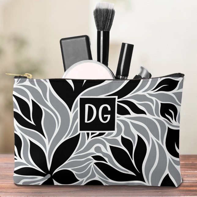 Modern Floral Pattern Monogram Black Grey White Accessory Pouch (Creator Uploaded)