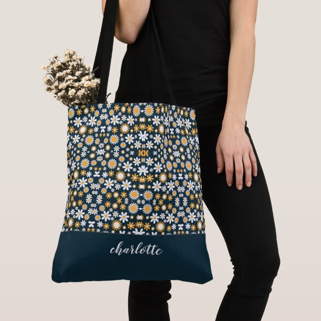 Modern Floral Pattern Monogrammed Tote Bag (Close Up)