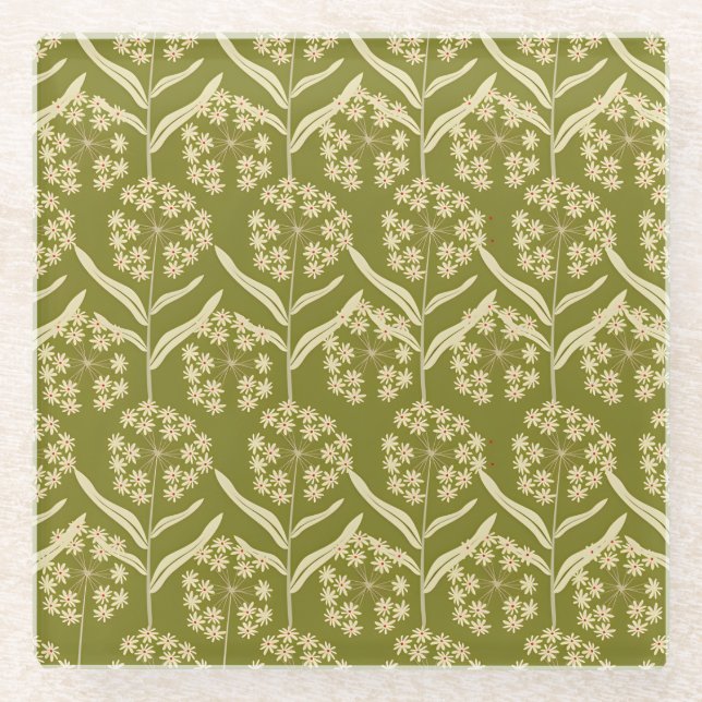 Modern Floral Pattern: White Umbel Flowers Glass Coaster (Front)