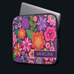 Modern Floral Pattern with Custom name or Monogram Laptop Sleeve<br><div class="desc">Flat flowers in an assortment of colours - purple,  orange,  pink,  green --- A bar is included towards the bottom to add a name or other text. A cute design with trendy Spring flowers and a bold way to display your monograms.</div>