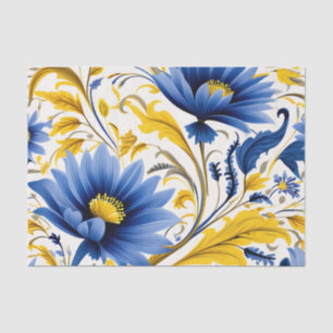 Modern Floral Pattern with Flowing Blue and Yellow Tissue Paper
