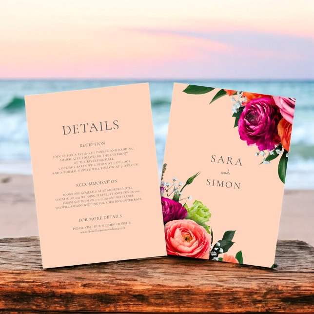 Modern floral peach wedding details card  (modern peach background with vibrant florals , ideal for any wedding season)