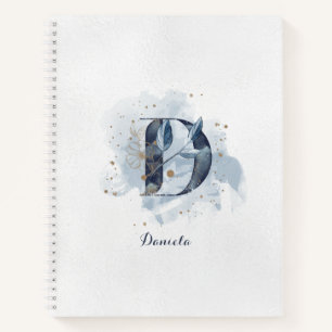 Modern Floral Personal Monogram Letter D Blue Gold Notebook