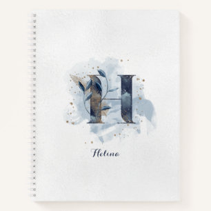 Modern Floral Personal Monogram Letter H Blue Gold Notebook