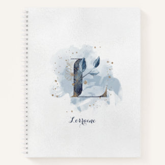 Modern Floral Personal Monogram Letter L Blue Gold Notebook