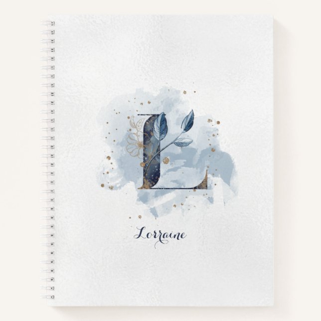 Modern Floral Personal Monogram Letter L Blue Gold Notebook (Front)