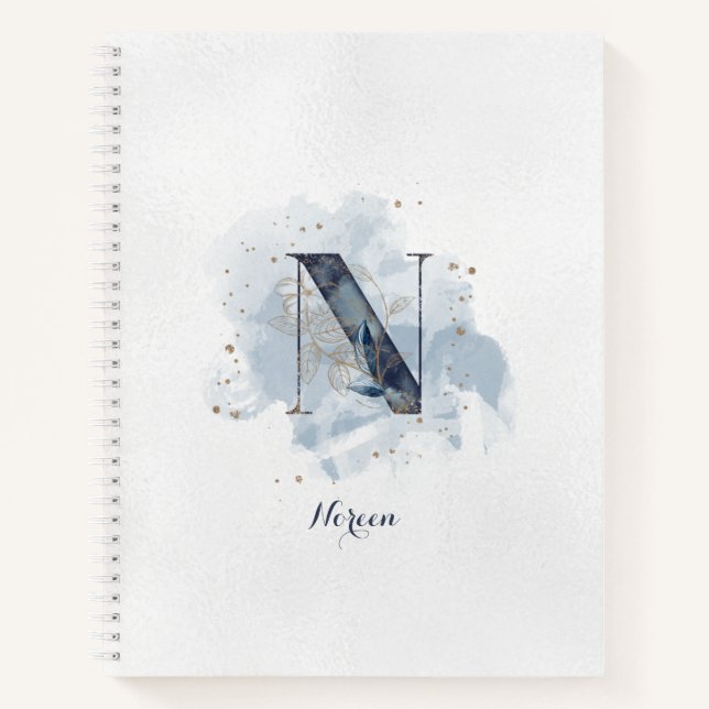 Modern Floral Personal Monogram Letter N Blue Gold Notebook (Front)