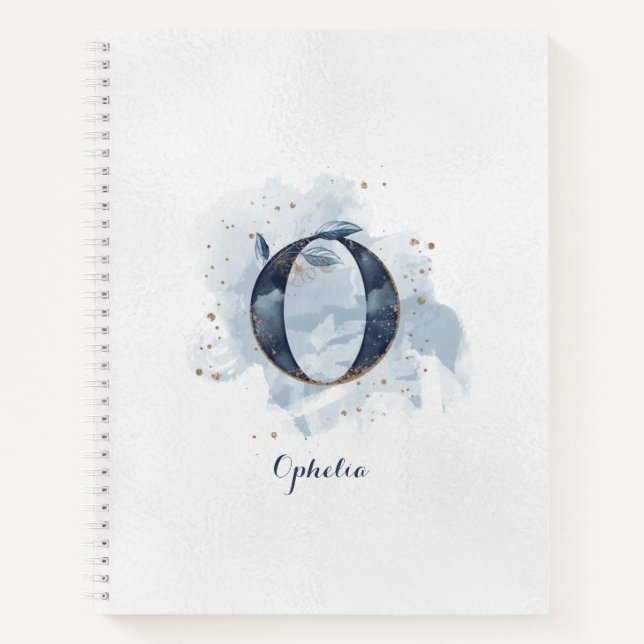 Modern Floral Personal Monogram Letter O Blue Gold Notebook (Front)