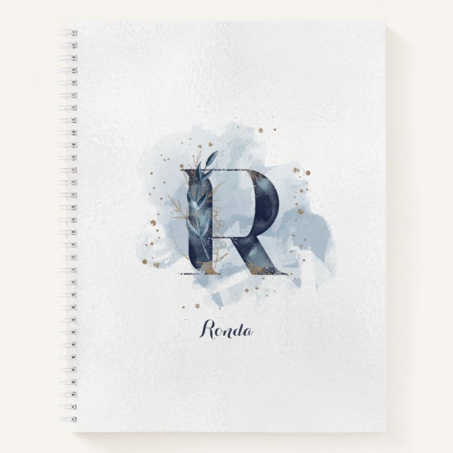 Modern Floral Personal Monogram Letter R Blue Gold Notebook (Front)