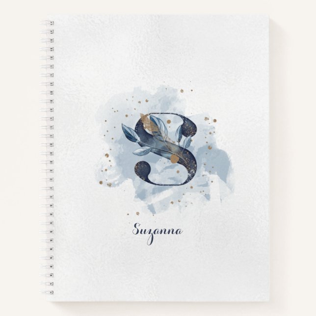 Modern Floral Personal Monogram Letter S Blue Gold Notebook (Front)
