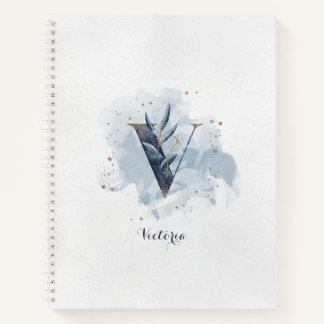 Modern Floral Personal Monogram Letter V Blue Gold Notebook