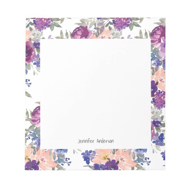 Modern Floral Personalise Name Mauve Peach Blue Notepad (Front)