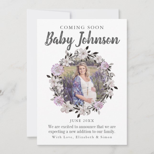 Modern Floral Photo Pregnancy Announcement (Front)
