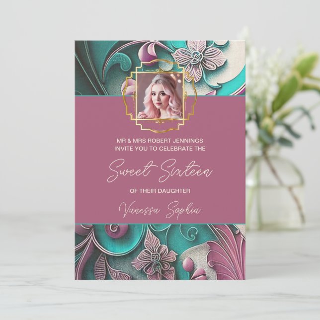 Modern Floral Photo Sweet Sixteen Invitation (Standing Front)