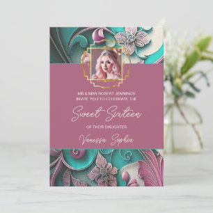 Modern Floral Photo Sweet Sixteen Invitation