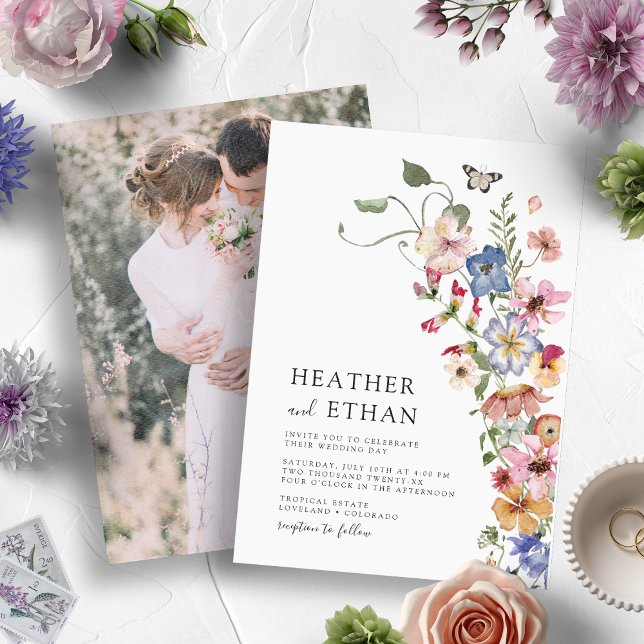 Modern Floral Photo Wedding Invitation (Watercolor Colorful Wildflower Wedding Invitation with Engagement Photo by Painted Paperie)