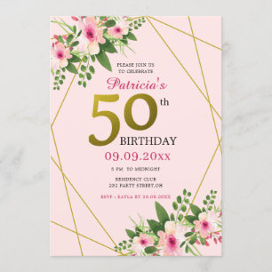 Modern Floral Pink And Gold 50th Birthday Invitation
