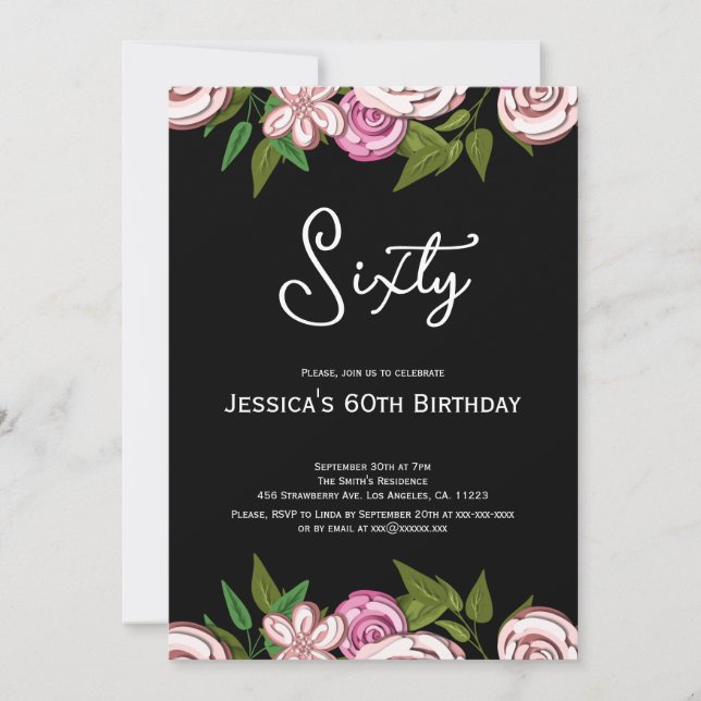 Modern Floral Pink Black 60th Birthday Invitation (Front)