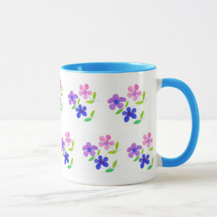 Modern Floral, Pink, Blue, Mauve, Green on White Mug